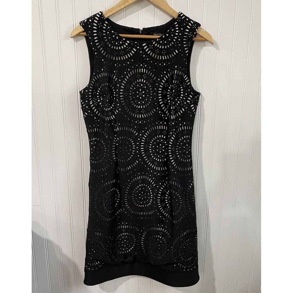 White House Black Market Dress 8 Black Cut Outs Over White Sheath Knee Length